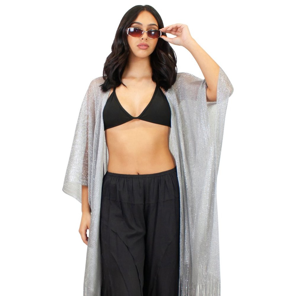 A lurex open cover-up with a zig-zag weave pattern